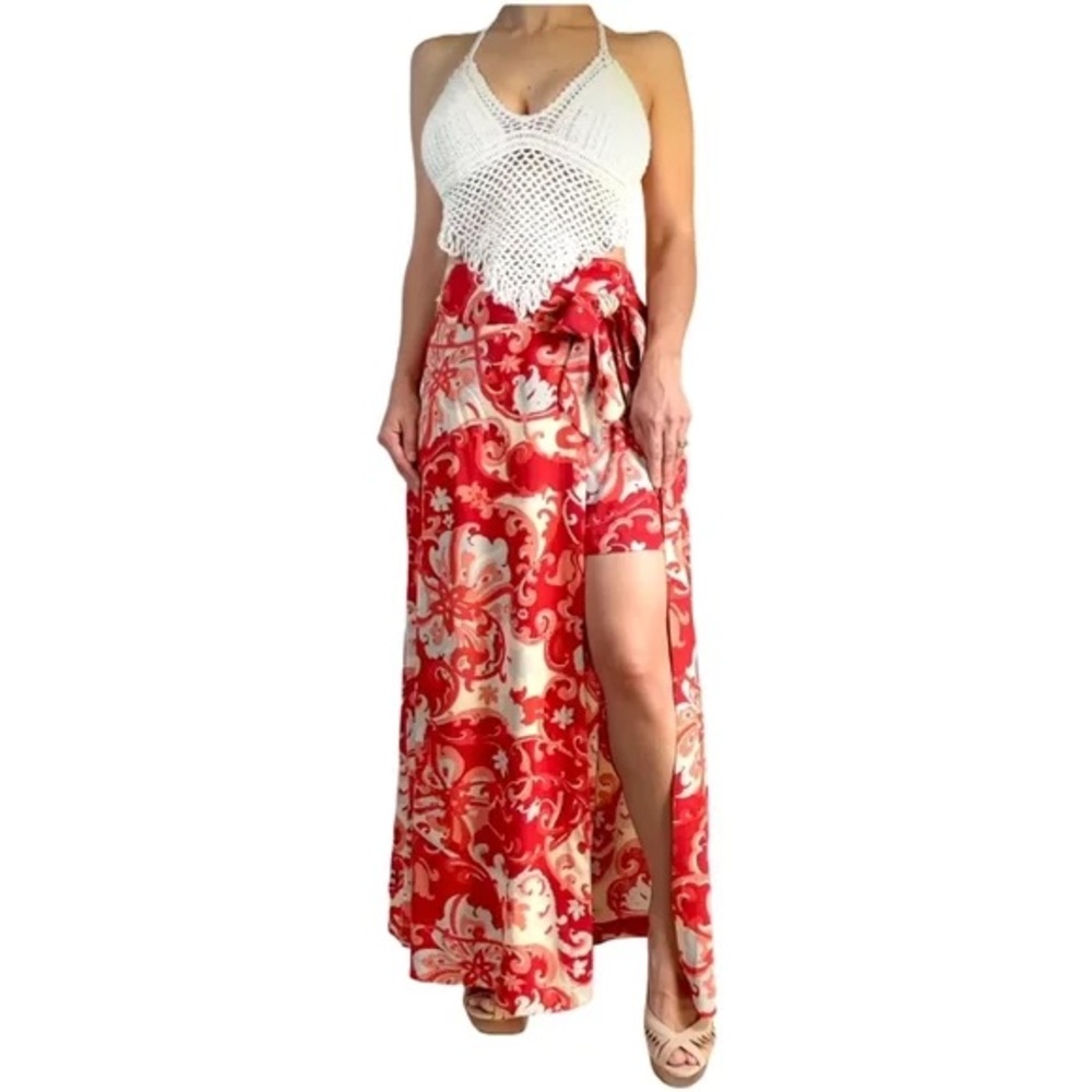 FREE PEOPLE Persimmon Combo Young Thing Red / Beige Maxi Mini Wrap Skirt Size 12